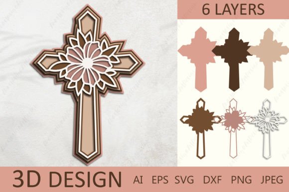 3D Layered Cross with Flowers SVG: Graphics for Crafts